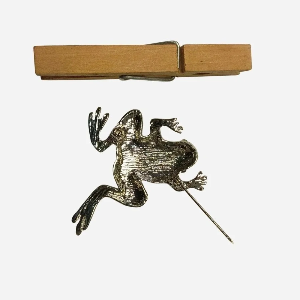 Green Frog Brooch With Silver And Rhinestone Accents